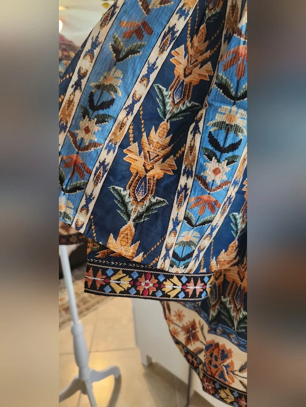 Farm Rio Blue Embroidered Tapestry Puff Sleeve Blouse